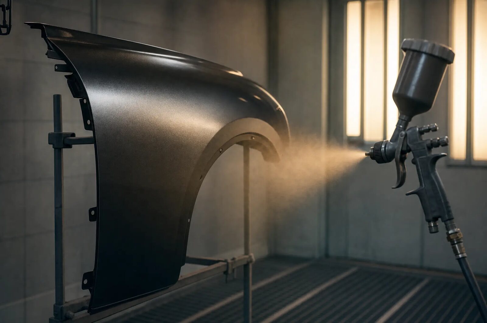 A spray gun laying a fine mist of clear coat across a dark metallic fender panel inside a paint booth.