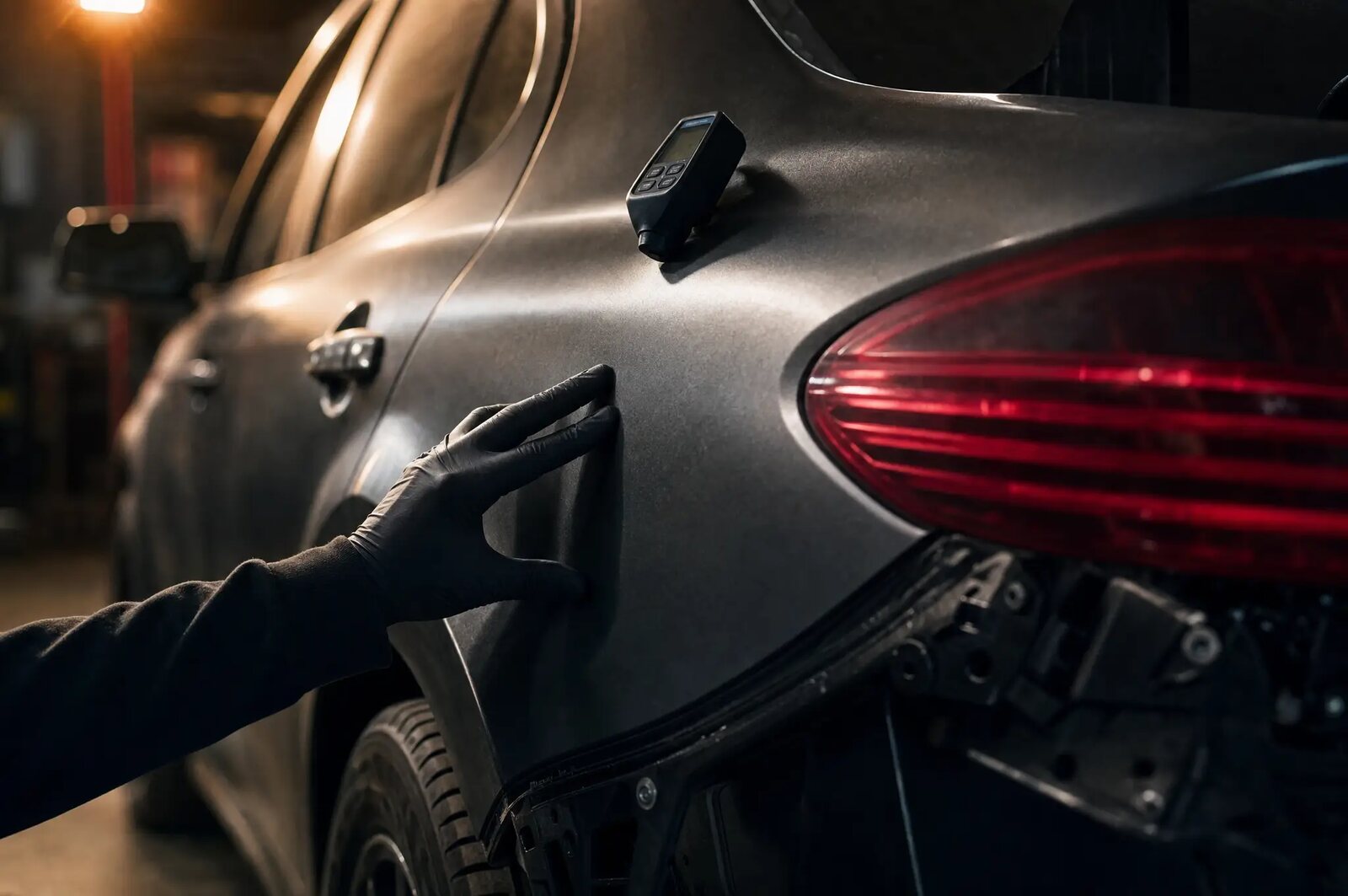 A gloved hand tracing the body line of a repaired dark grey quarter panel under warm workshop light.