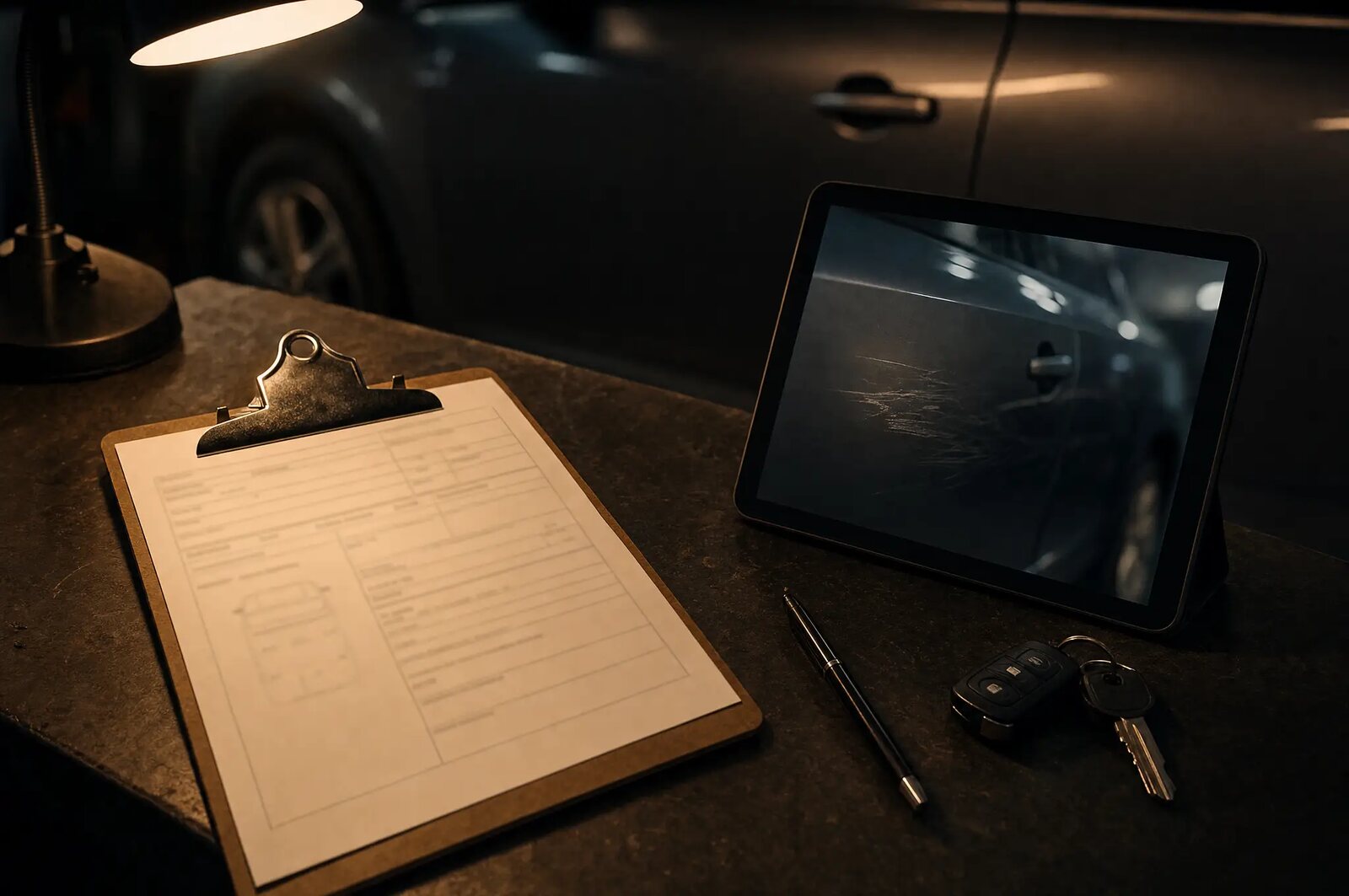 A clipboard, tablet, pen, and car keys on a dark workshop counter, with a car body panel out of focus behind them.